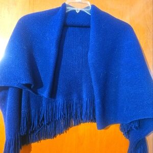 Blue Knit Fringe Shawl